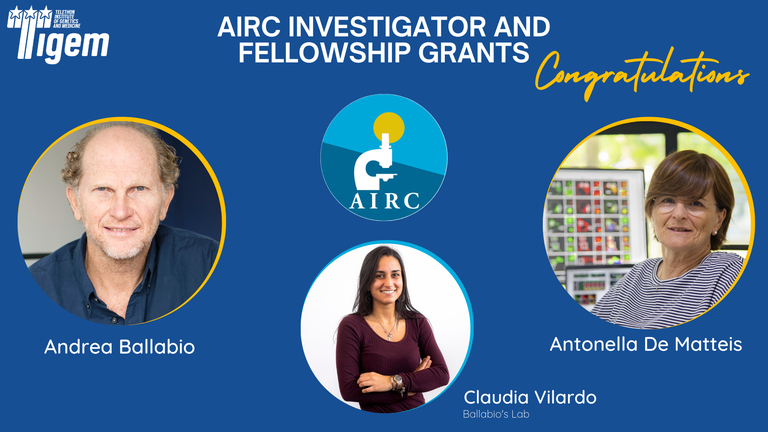 Andrea Ballabio, Antonella De Matteis and Claudia Vilardo were awarded AIRC Investigator and Fellowship Grants