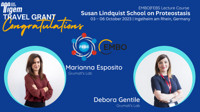 Marianna Esposito and Debora Gentile were awarded a Travel Grant by EMBO to attend the Lecture Course "Susan Lindquist School on Proteostasis"